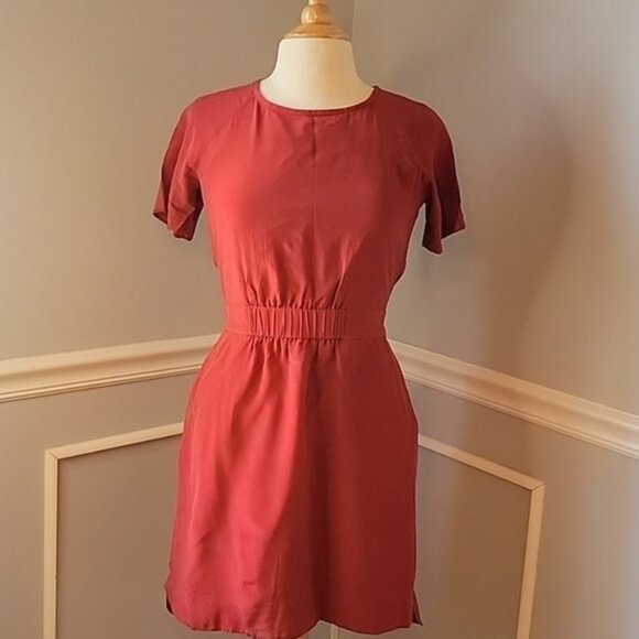 Madewell Dresses & Skirts - MADEWELL 100% Silk Rust Color Short Sleeve Hi Low Hem Autumn Casual Preppy Dress